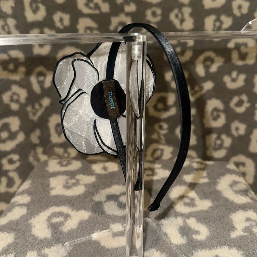 Tasha Black Band with Elegant Sheer White Flower with Clear Rhinestone Headband - Picture 7 of 17